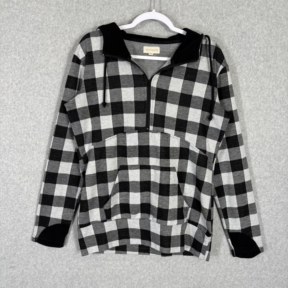 Vanilla Bay Sweatshirt Womens Large Black Buffalo Check Hoodie Zip Pocket Thumb